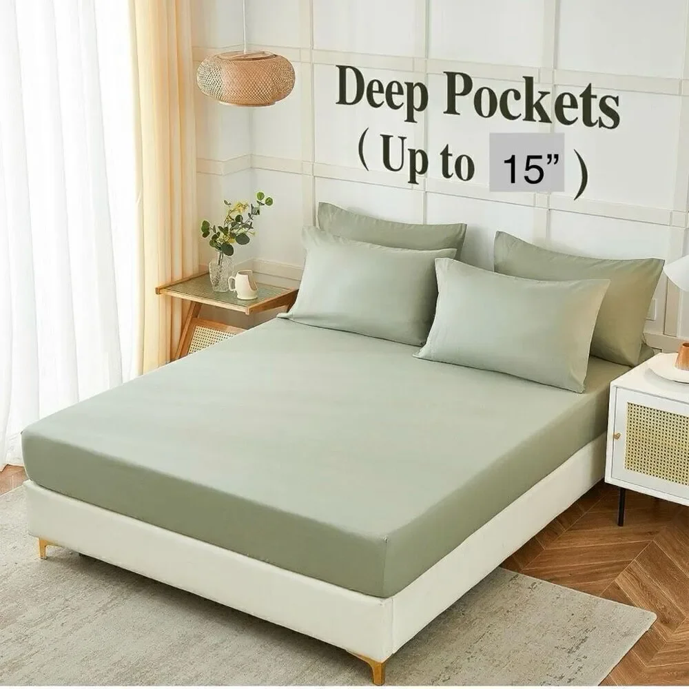NWT At Home Gorgeous King Green Sage 4 Pc Soft Wrinkle Free microfiber Sheet Set